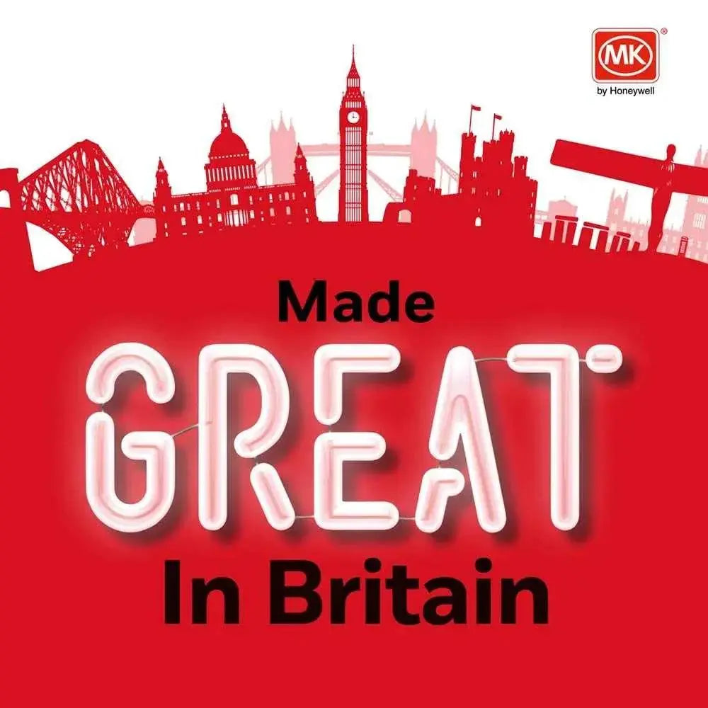 MK Masterseal Plus K56402RY 10A banner showing Made Great In Britain, red background, skyline silhouettes, and MK logo. UAE