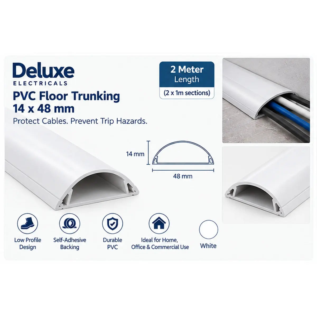 Deluxe PVC floor trunking 14x48mm White size and profile