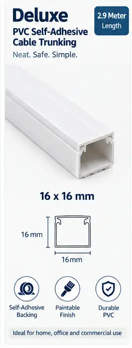 Deluxe PVC self-adhesive cable trunking 16x16mm size and profile