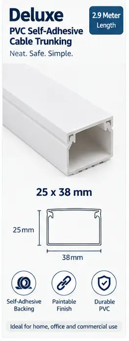 Deluxe PVC self-adhesive cable trunking 25x38mm size and profile
