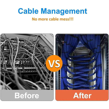EDGE British Standard cable zip ties, 100 pieces; blue ties tidy cables in a server rack cabinet (before/after). UAE