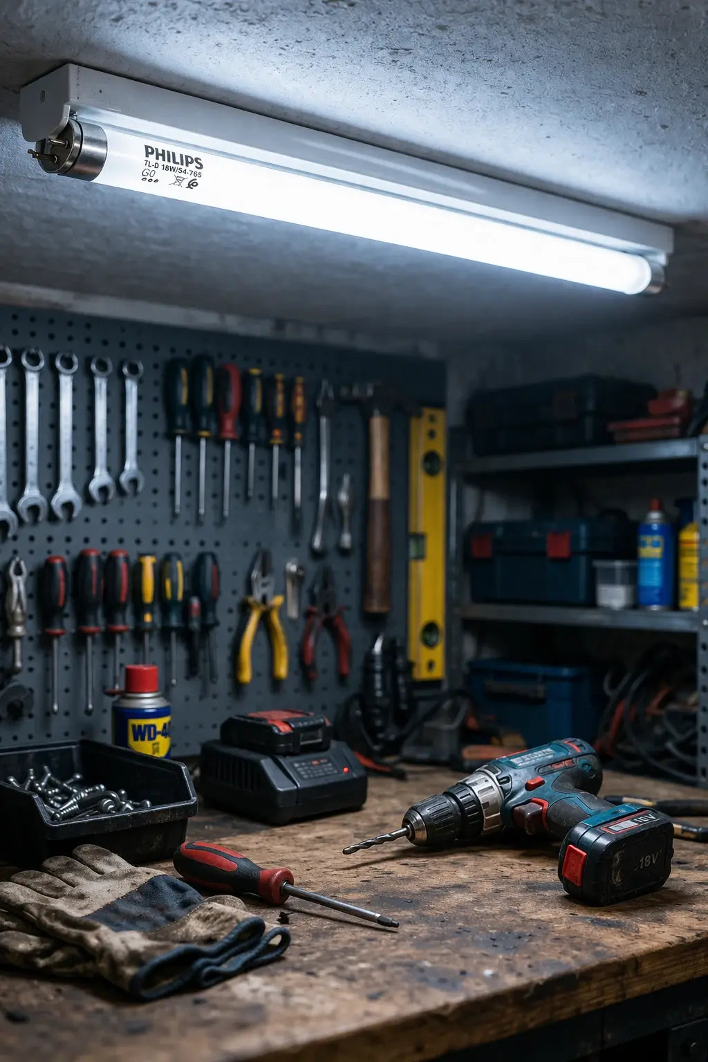 Philips TL-D 18W fluorescent tube (600mm, G13) in cool daylight mounted on a workshop ceiling with tools on a pegboard. UAE
