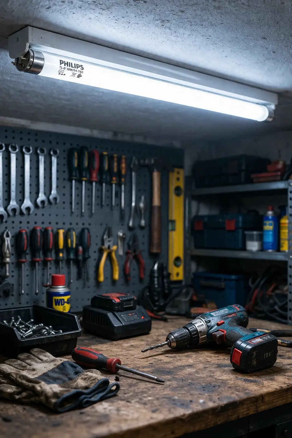 Philips TL-D 18W fluorescent tube (600mm, G13) in cool daylight mounted on a workshop ceiling with tools on a pegboard. UAE