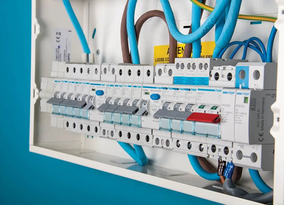 Hager MCBs installed in a distribution board — genuine Hager installation photography (representative application)