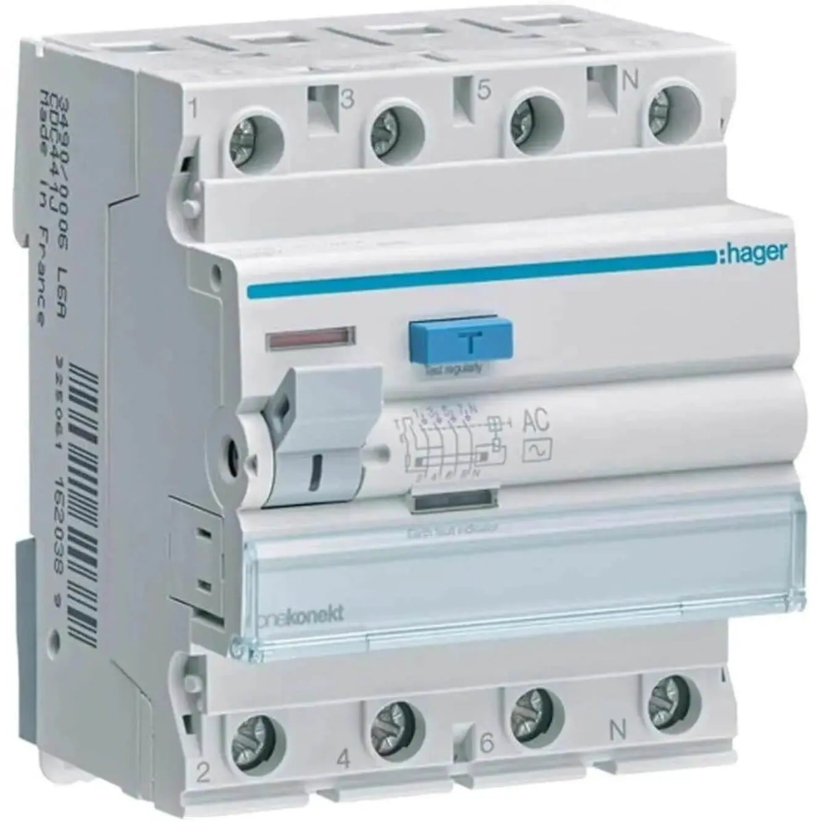 Hager CEC464J RCCB 63A 4P 100mA residual current device, front view with blue test button. UAE