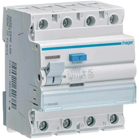 Hager CEC464J RCCB 63A 4P 100mA residual current device, front view with blue test button. UAE