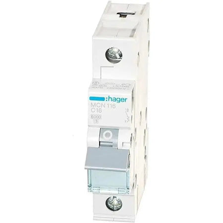 Hager 1-pole miniature circuit breaker, white body with blue Hager logo, front view, Made in France. UAE