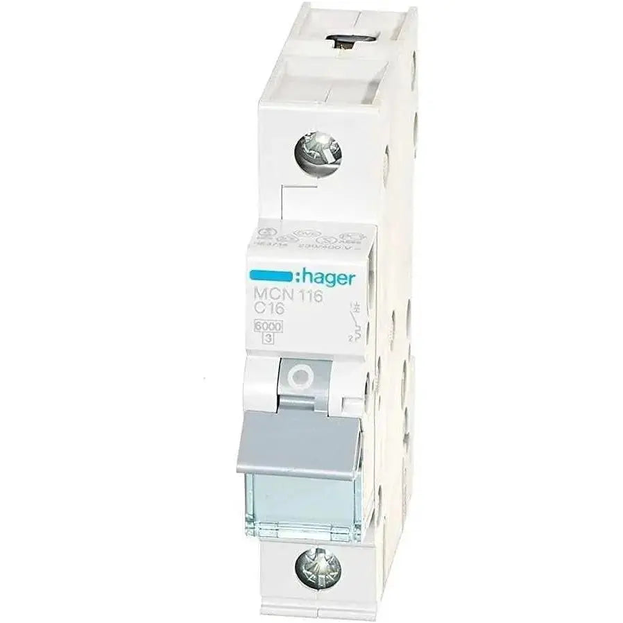 Hager 1-pole miniature circuit breaker, white body with blue Hager logo, front view, Made in France. UAE