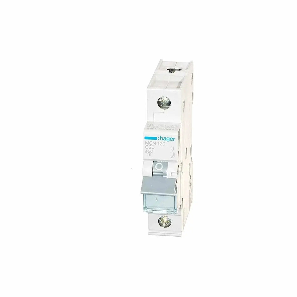 Hager MCN120 C20 1-pole miniature circuit breaker, white front view UAE
