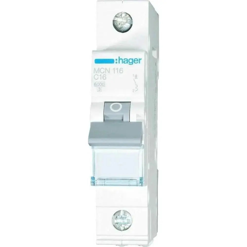 Hager 1-pole miniature circuit breaker in white housing, front view with gray toggle and blue Hager logo. UAE