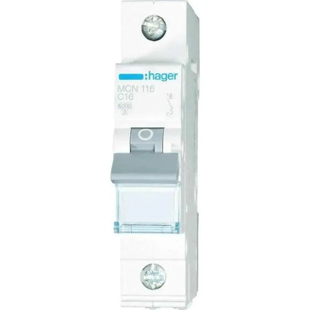 Hager 1-pole miniature circuit breaker in white housing, front view with gray toggle and blue Hager logo. UAE