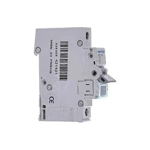 Hager 1-pole miniature circuit breaker MCB, white/gray, side view with barcode label visible UAE