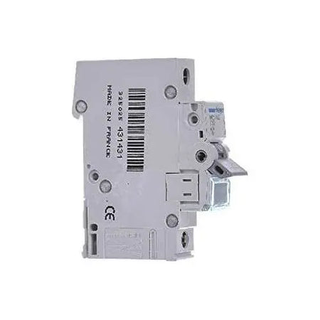 Hager 1-pole miniature circuit breaker MCB, white/gray, side view with barcode label visible UAE