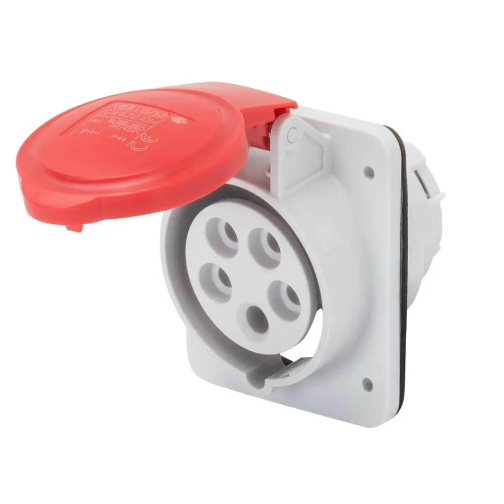 Gewiss GW62221H 32A Angled Flush-Mount Socket Outlet 3P+N+E IP44 industrial panel socket with red hinged cover UAE