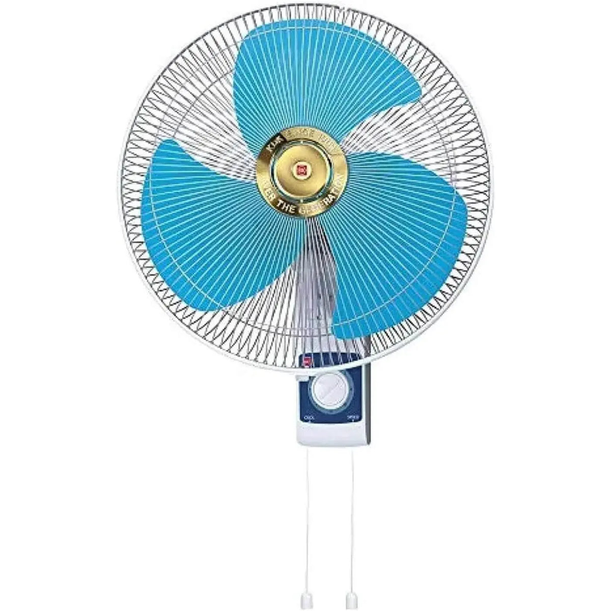 KDK 16-inch blue M40C wall-mounted fan with metal blades, circular grille, and wall control with pull cords. UAE
