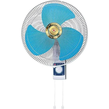 KDK 16-inch blue M40C wall-mounted fan with metal blades, circular grille, and wall control with pull cords. UAE