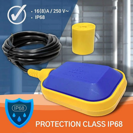Kistenmacher float switch with blue and yellow housing, coiled black cable, IP68 rated UAE
