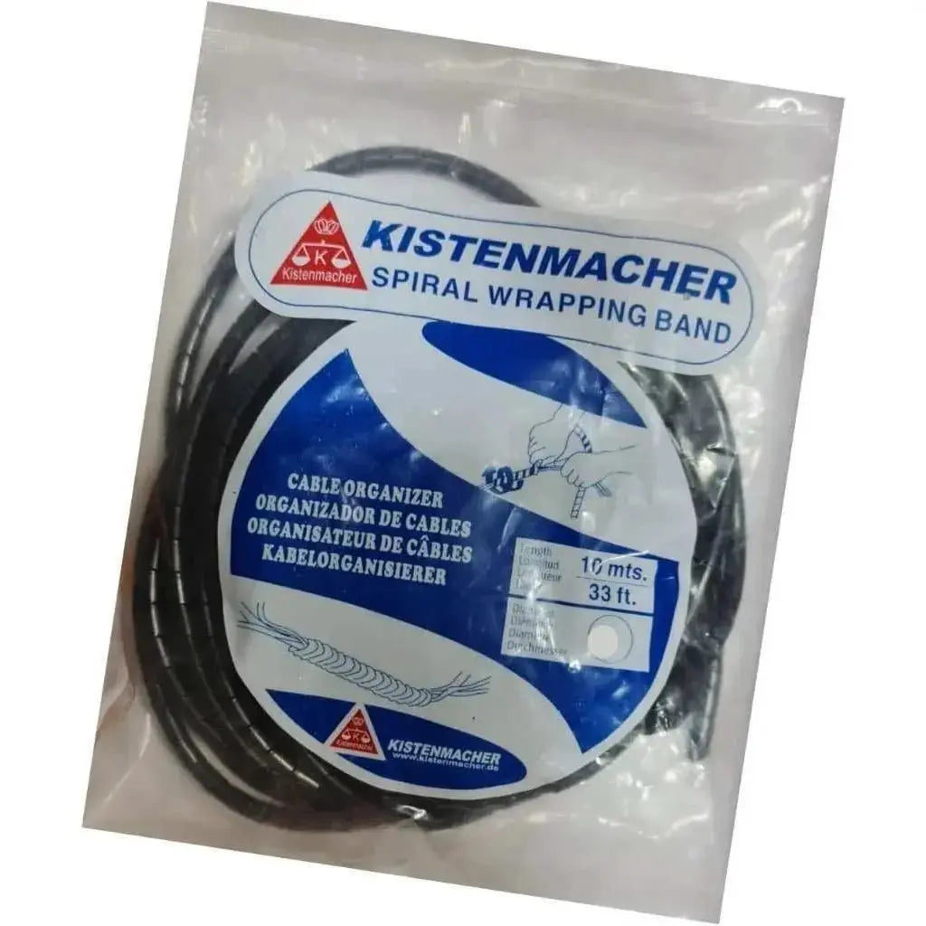 Kistenmacher spiral wrapping band, 10 m length, black cable sleeve in clear plastic package with blue label UAE