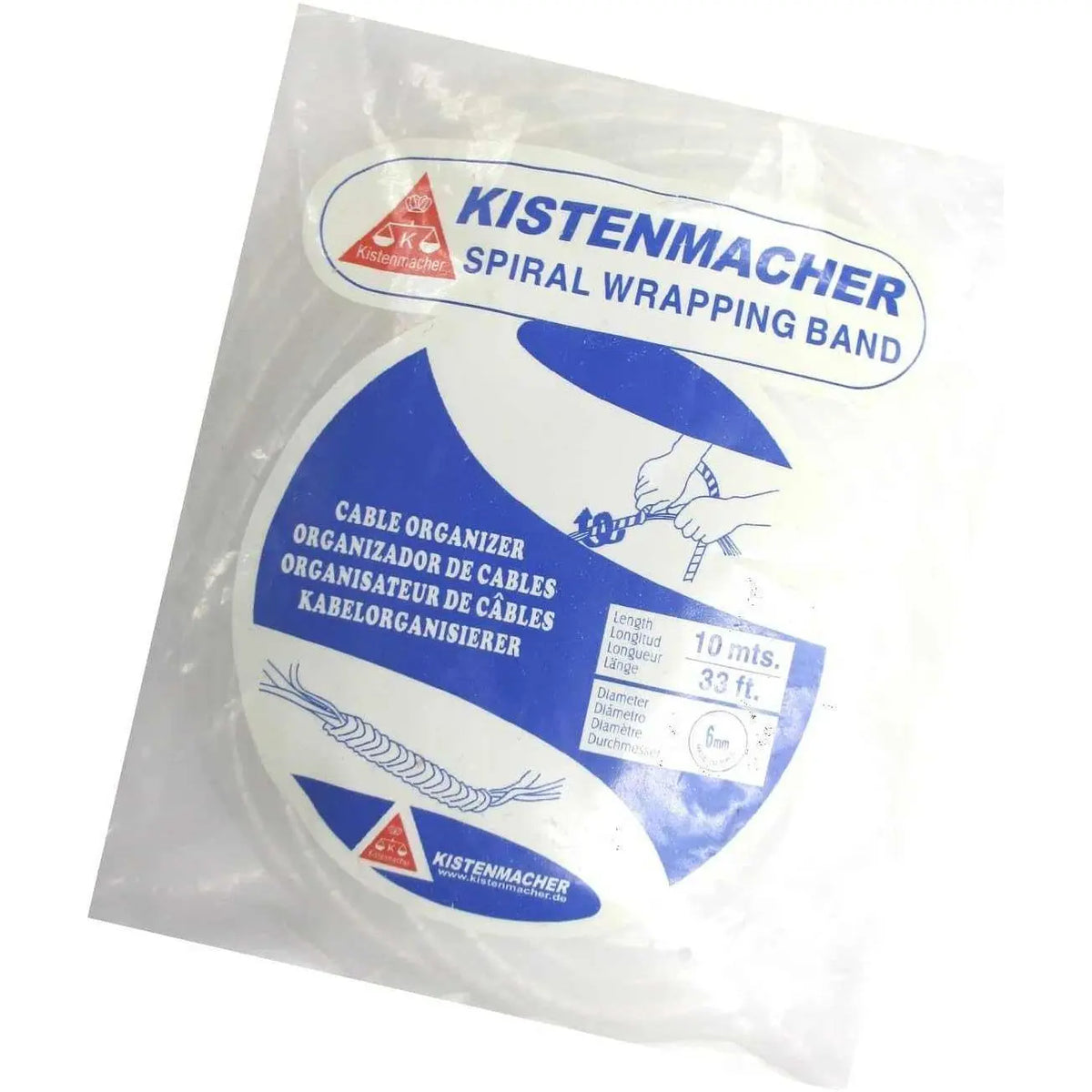 Kistenmacher spiral wrapping band for cables, 10 m length, blue and white packaging with logo UAE