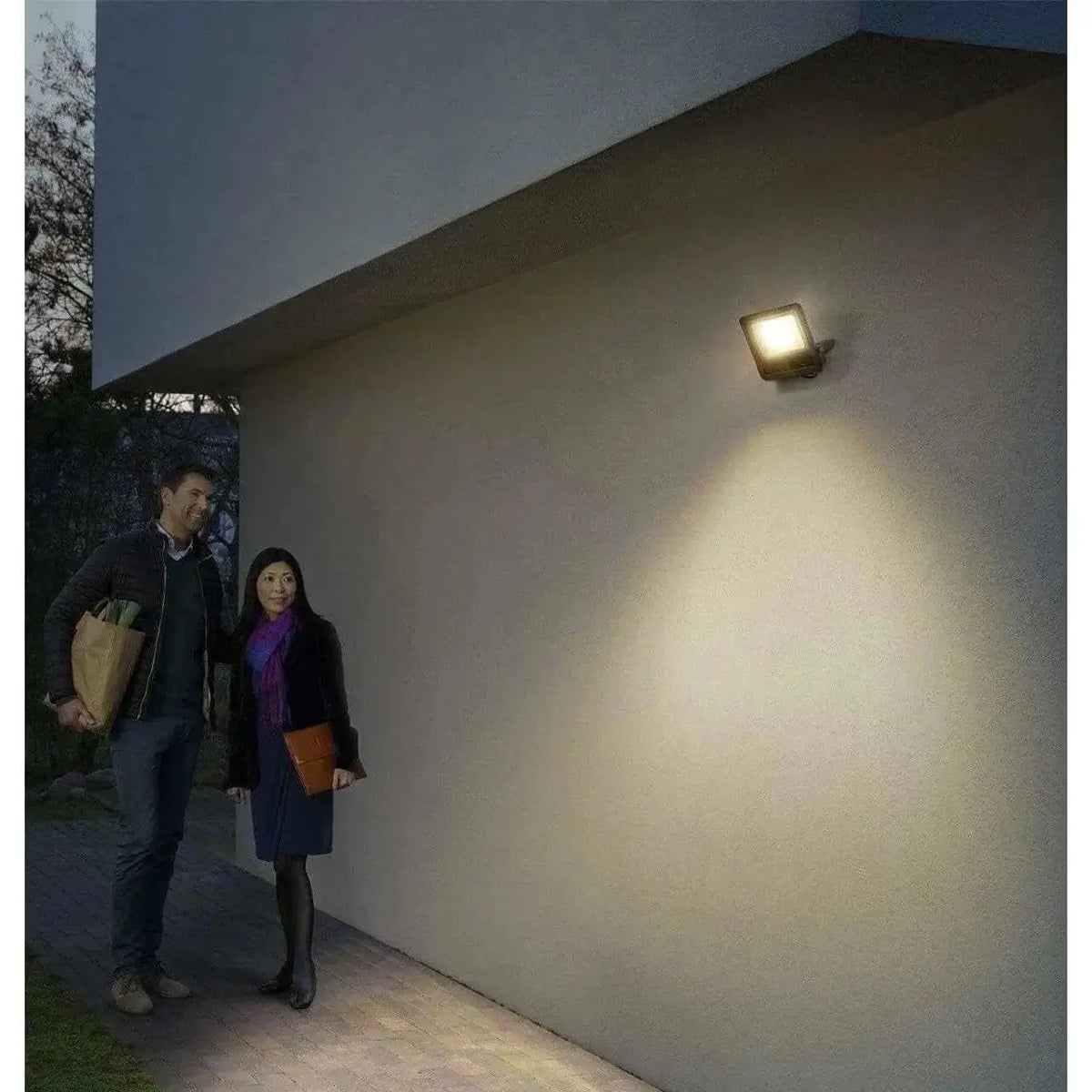 Ledvance LED Eco Lite Floodlight 100W G2 IP65, wall-mounted outdoor light casting a warm beam on pavement. UAE