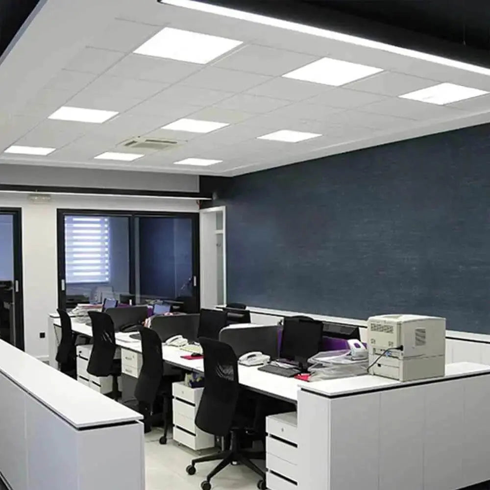 Ledvance LED Backlit Panel Ceiling Light 60x60-38W installed in an office ceiling grid above desks UAE