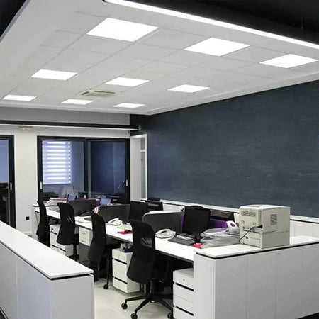 Ledvance LED Backlit Panel Ceiling Light 60x60-38W installed in an office ceiling grid above desks UAE