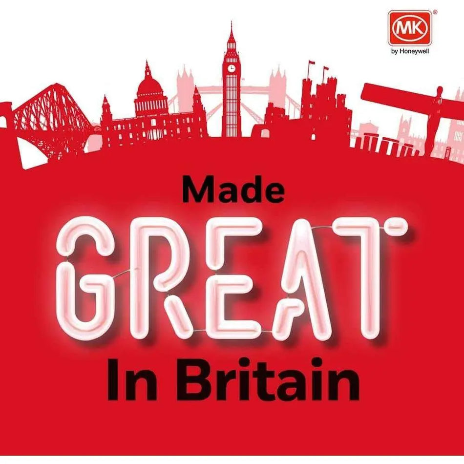 MK Electric Made Great In Britain banner with red background, white neon text, and MK logo. UAE