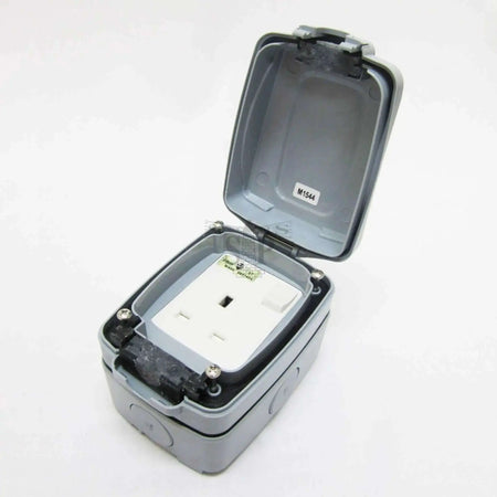 MK Electric 13A outdoor weatherproof switch socket in grey, IP66 Masterseal Compact 86486GRY with hinged lid UAE
