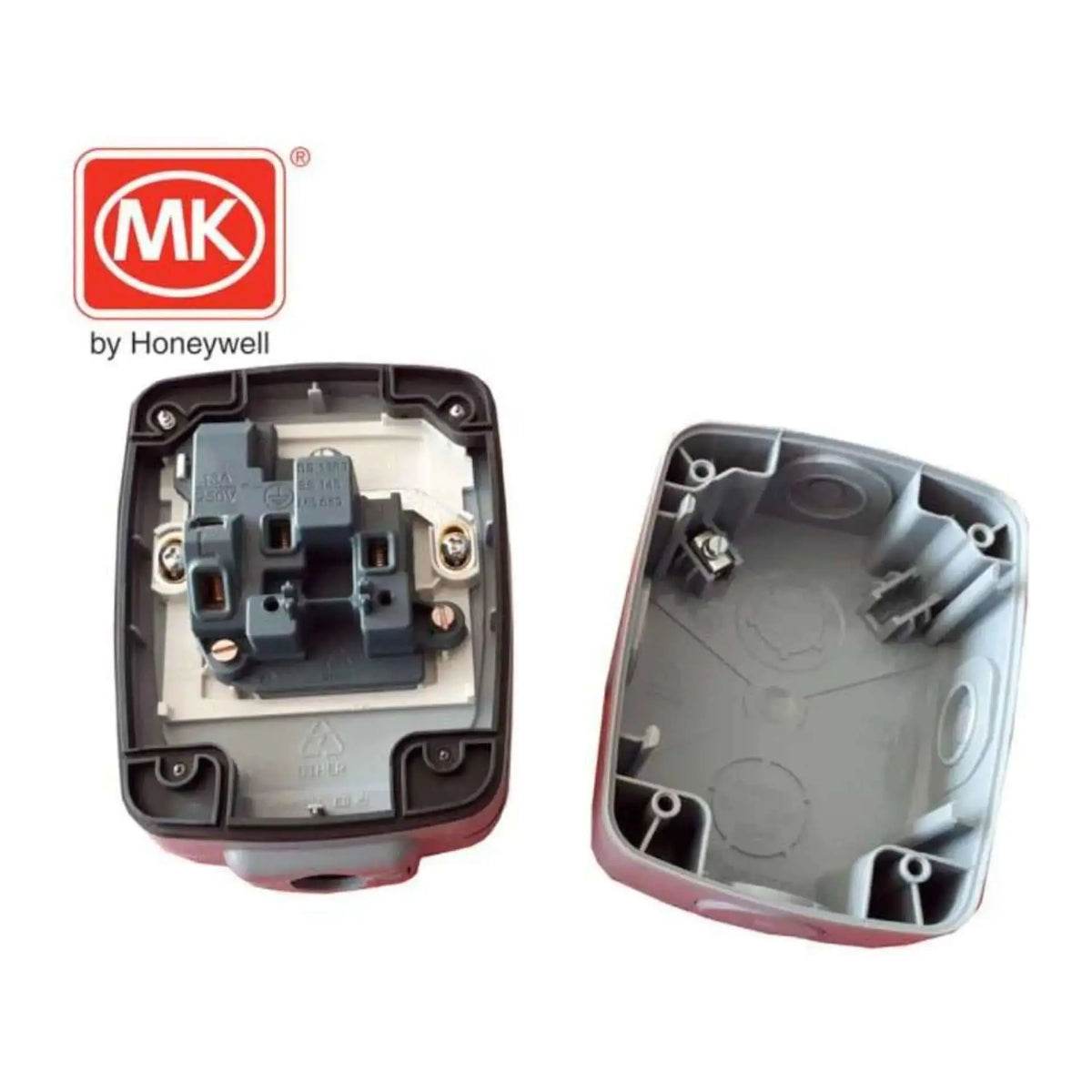 MK Electric 13A outdoor IP66 Grey switch socket Masterseal Compact 86486GRY; front view with removable cover UAE