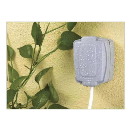 MK Electric 13A weatherproof switch socket, grey Masterseal Compact 86486GRY, wall-mounted front view UAE