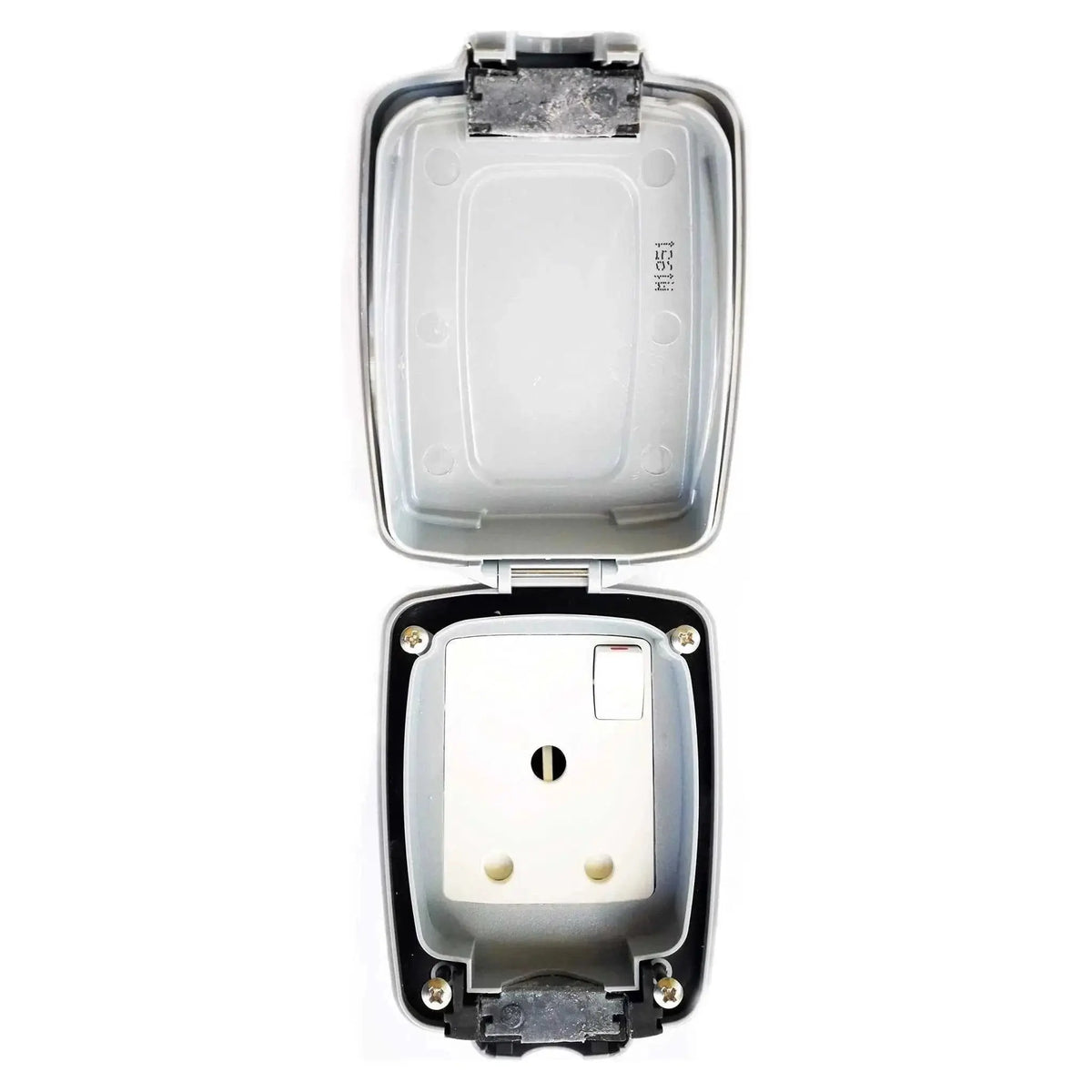 MK Electric MasterSeal 86893GRY 15A switched weatherproof wall socket with open hinged gray cover UAE