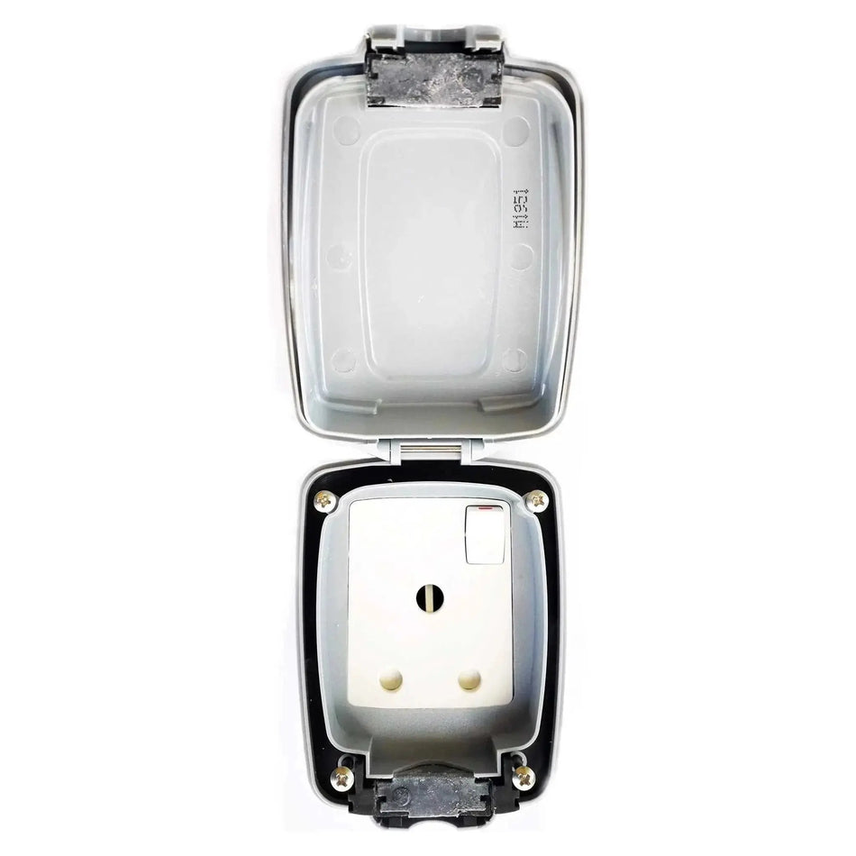 MK Electric MasterSeal 86893GRY 15A switched weatherproof wall socket with open hinged gray cover UAE