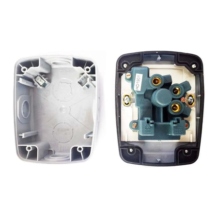 MK Electric Masterseal 86893GRY 15A switched weatherproof wall socket, gray; front cover and inner module shown UAE