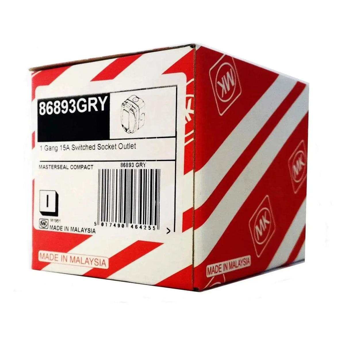 MK MasterSeal 86893GRY 15A switched socket outlet packaging box with MK logos, Made in Malaysia UAE
