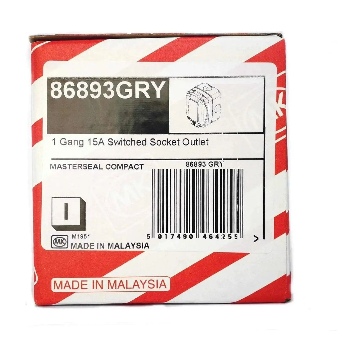 MK Electric 86893GRY Masterseal Compact 1-Gang 15A Switched Socket Outlet packaging, grey, Made in Malaysia UAE