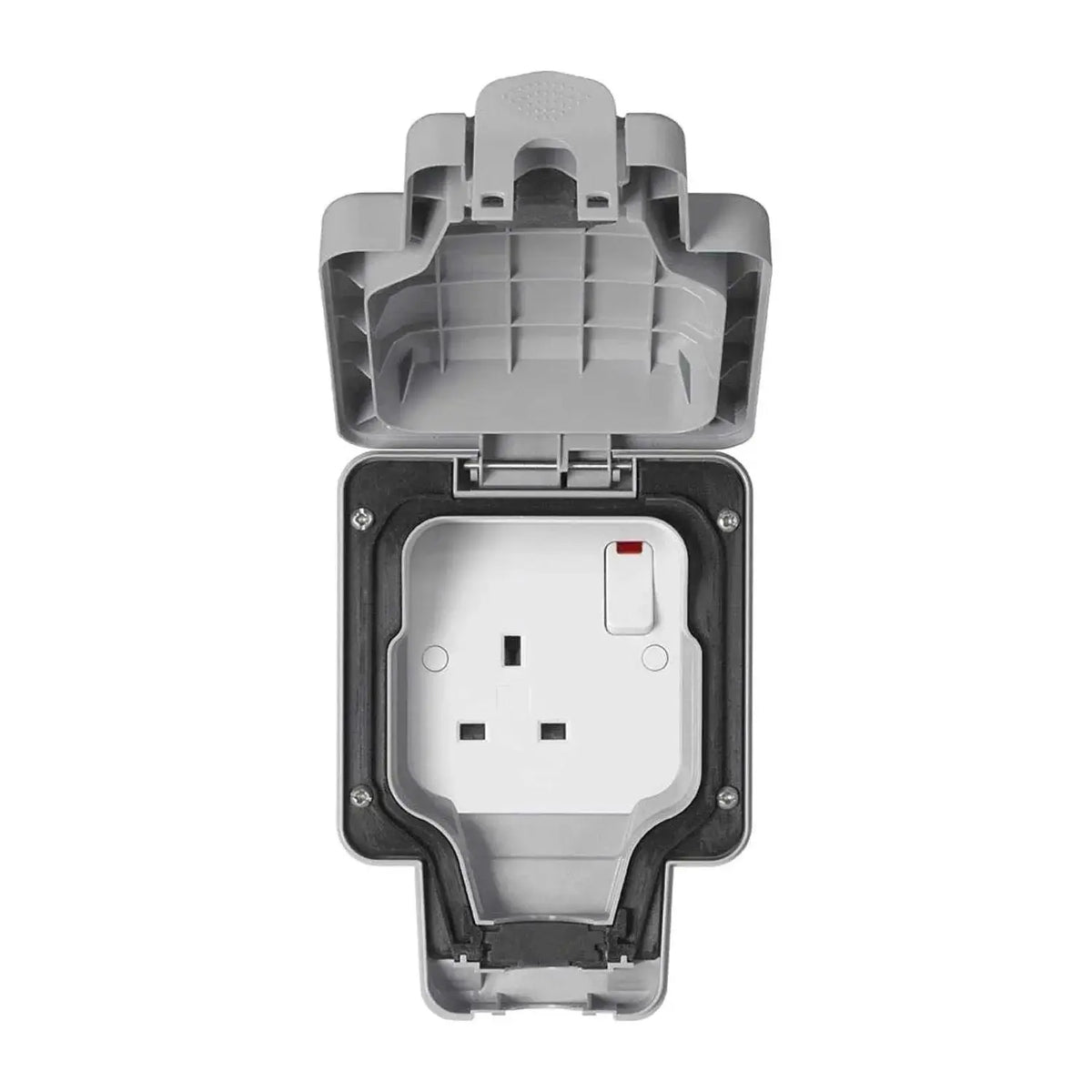 MK Electric Masterseal Plus K56486GRY 13A 1-Gang Switched Socket in grey weatherproof enclosure with open lid UAE