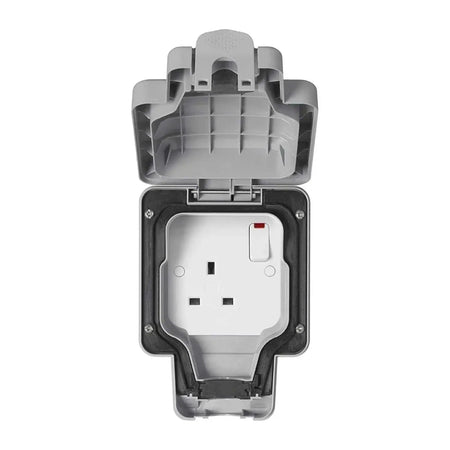 MK Electric Masterseal Plus K56486GRY 13A 1-Gang Switched Socket in grey weatherproof enclosure with open lid UAE
