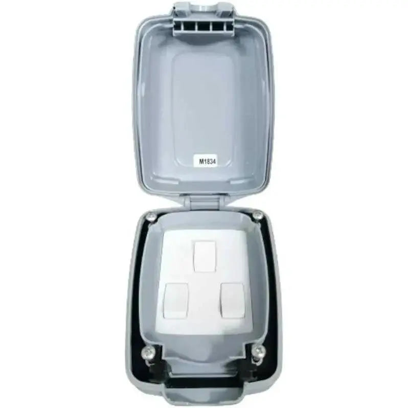 MK Electric Masterseal 3-Gang 2-Way Weatherproof Switch in gray outdoor enclosure, model 86403GRY UAE