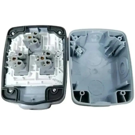 MK Electric Masterseal 86403GRY weatherproof compact 3-gang 2-way switch, grey enclosure with terminal blocks exposed. UAE