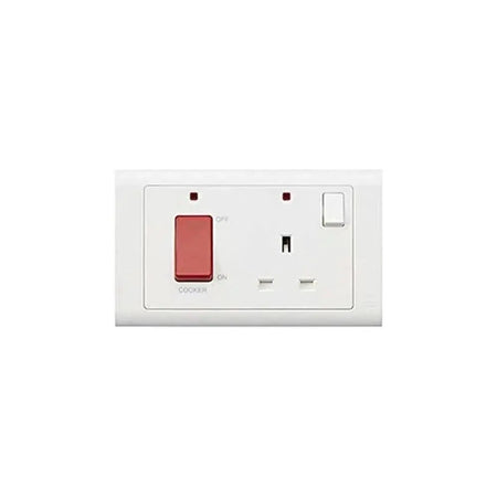 MK Electric MV5215NWHI Essentials 45A DP switch and 13A DP socket, white wall plate with red rocker and neon indicator UAE