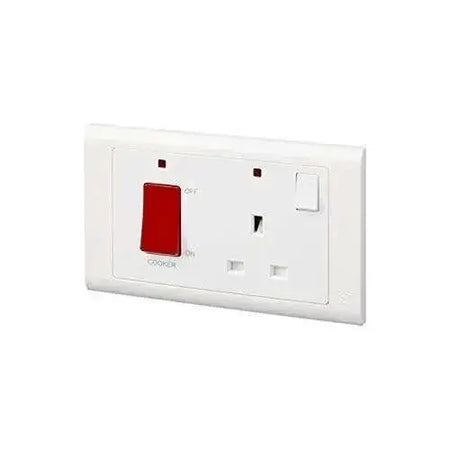 MK Electric MV5215NWHI white wall plate with red 45A DP switch and 13A DP switched socket with neon. UAE