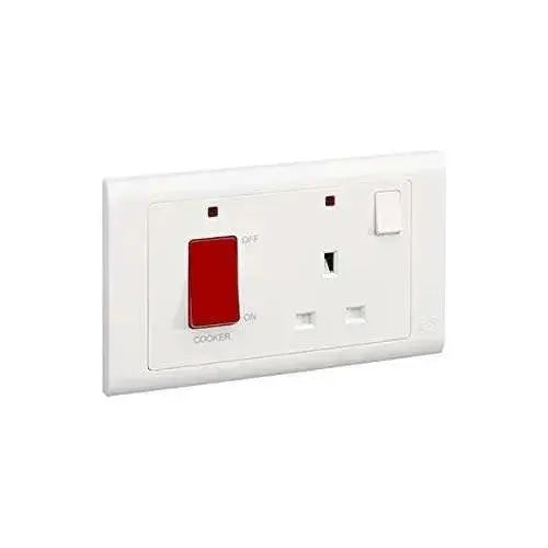 MK Electric MV5215NWHI white wall plate with 45A DP switch and 13A DP switched socket featuring neon indicator UAE