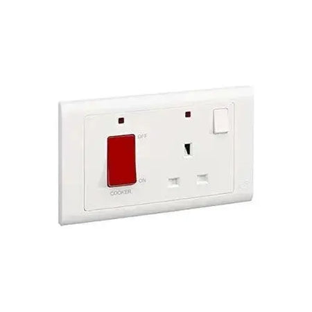 MK Electric MV5215NWHI white wall plate with 45A DP switch and 13A DP switched socket featuring neon indicator UAE