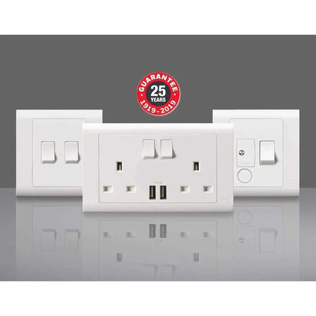 MK Electric MV2747WHI 2G 13A switched socket with USB ports on a white wall plate, front view, three plates shown UAE
