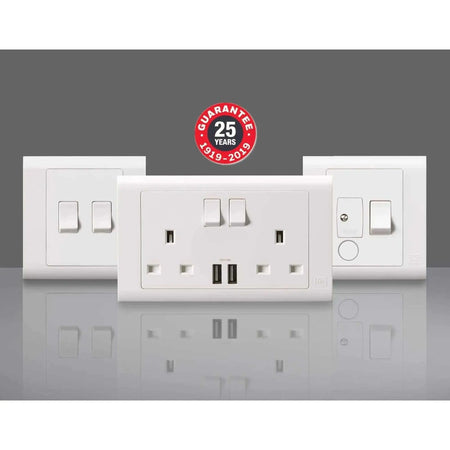 MK Essentials 10AX 1G intermediate switch with wide rocker on white multi-gang faceplate by MK Electric UAE