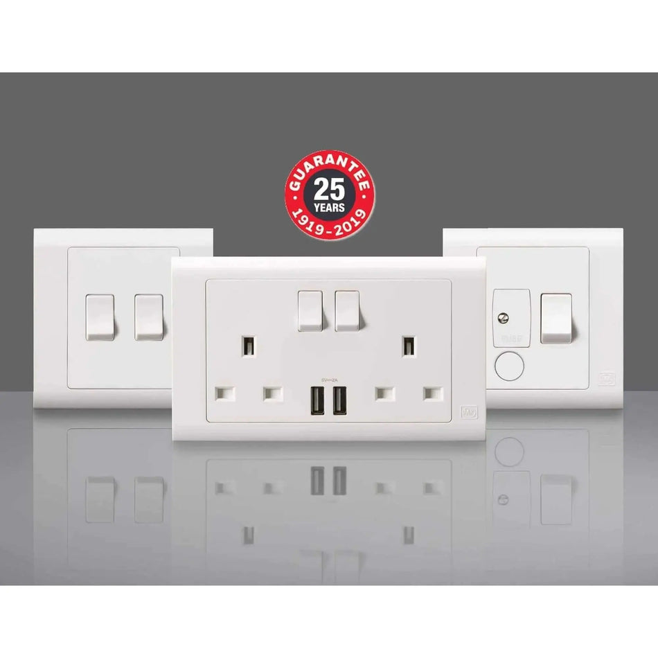 MK Essentials 10AX 1G intermediate switch with wide rocker on white multi-gang faceplate by MK Electric UAE
