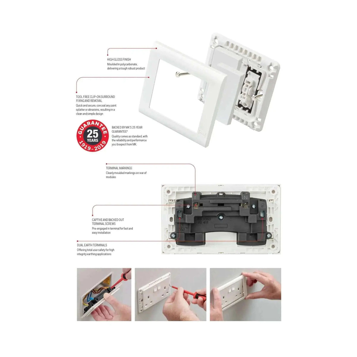MK Essentials 10AX 1G Intermediate Switch with wide rocker; white frame and back module shown in exploded view. UAE