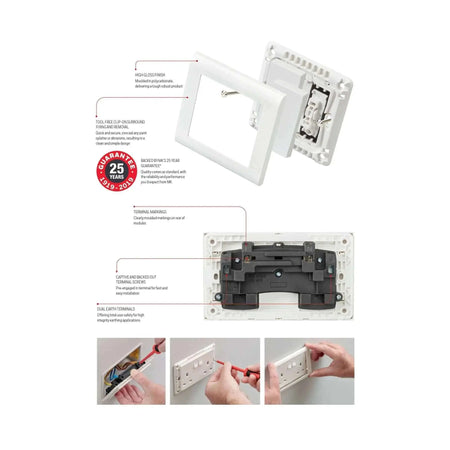 MK Essentials 10AX 1G Intermediate Switch with wide rocker; white frame and back module shown in exploded view. UAE