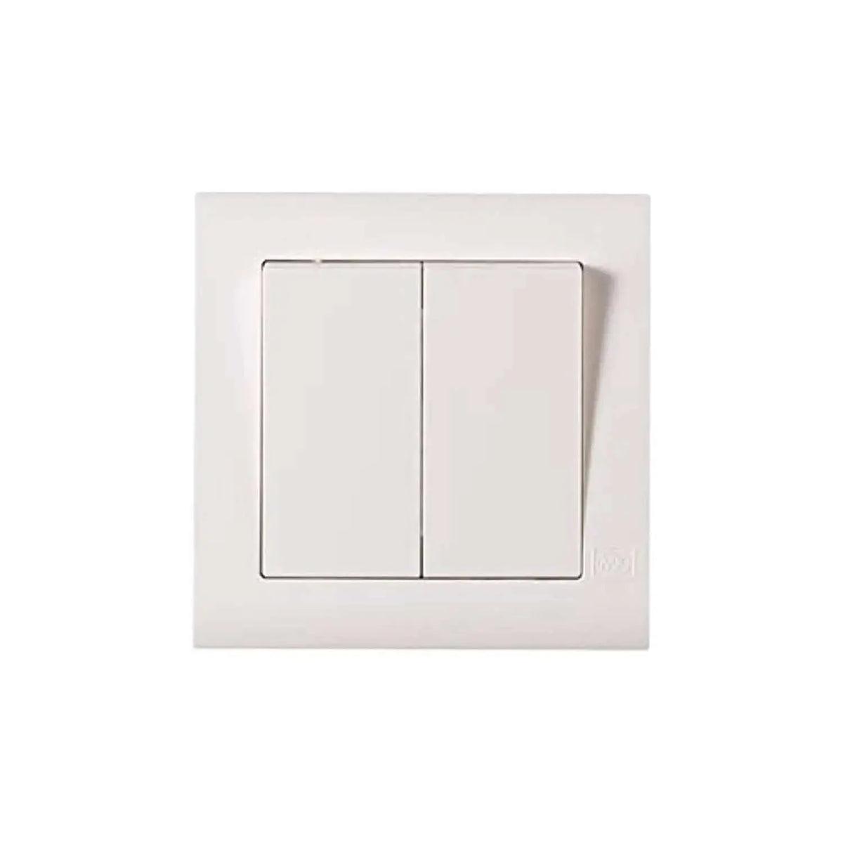 MK Electric Essentials 10AX 2G 2WAY switch, white screwless 2-gang with wide rockers, front view UAE
