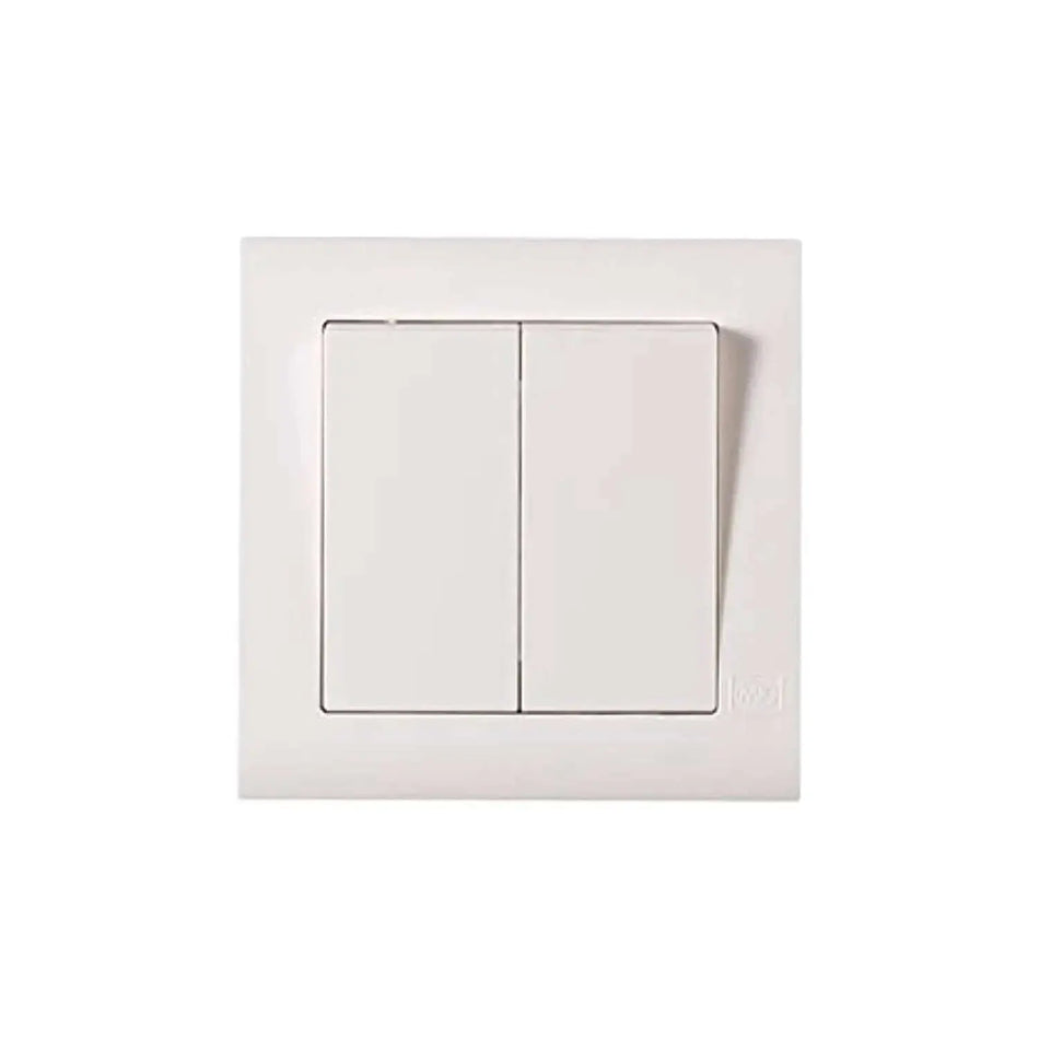 MK Electric Essentials 10AX 2G 2WAY switch, white screwless 2-gang with wide rockers, front view UAE